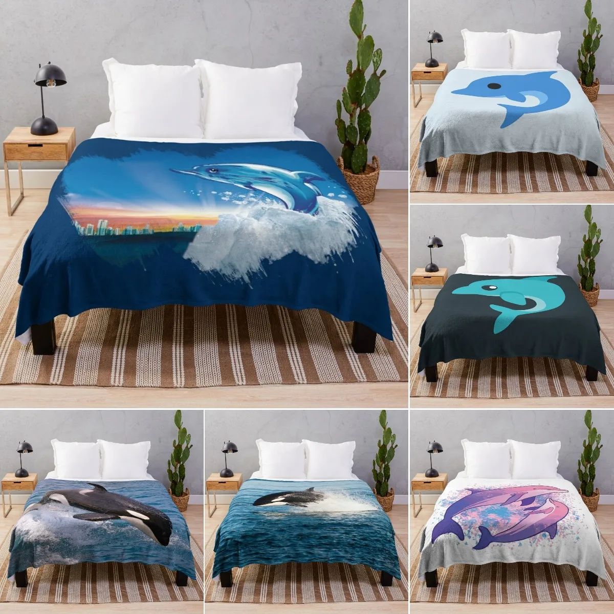 

Dolphin Jump Out of Sea Flannel Throw Blanket Blue Sea Cute Kawaii Animals for Bed Sofa Couch Kid Boys Girls Gift King Full Size