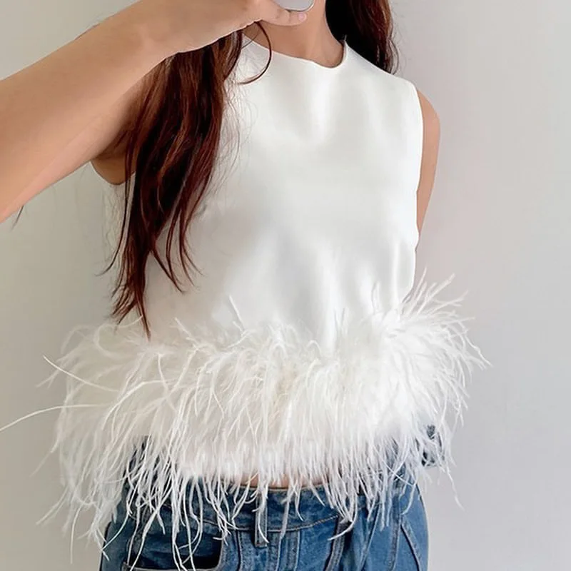 

Лето 2022, новый дизайн, Высококачественная меховая отделка, майка без рукавов на молнии сзади, майка с перьями, Топ