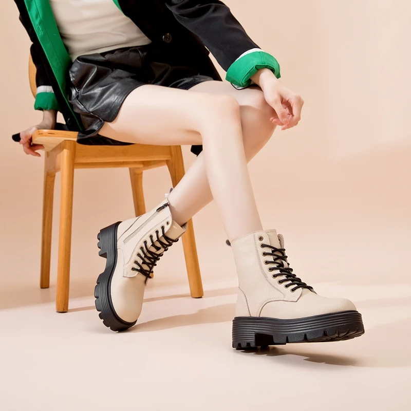 AIYUQI Short Boots Women Genuine Leather 2023 New Winter British Style Women Ankle Boots Platform With Fur Marton Boots Women