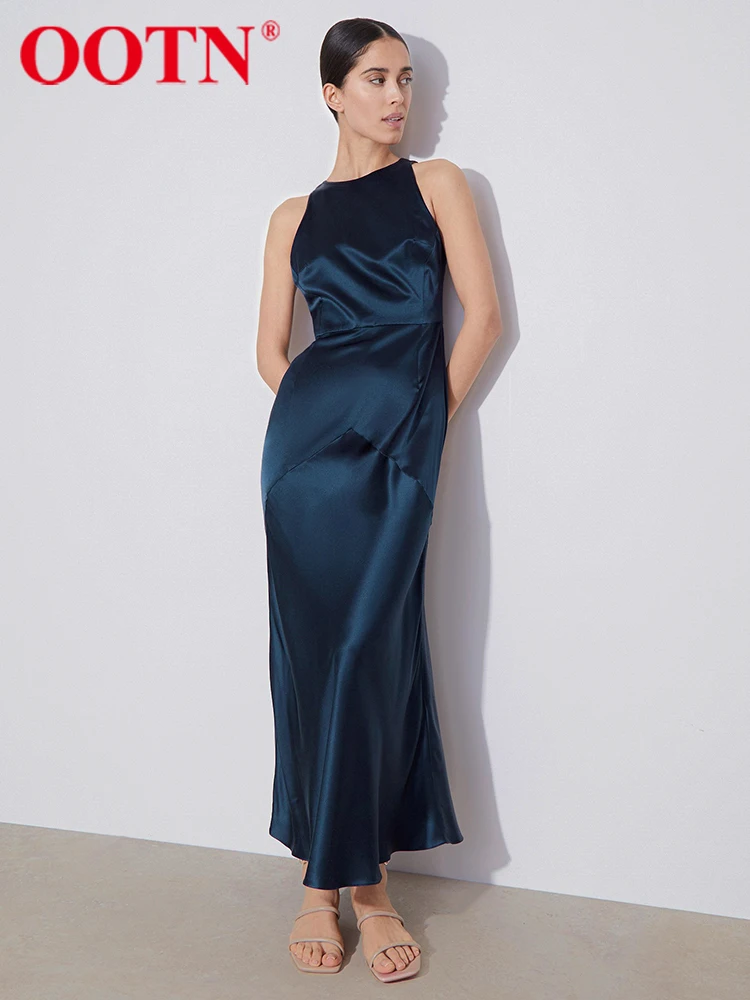 

OOTN Elegant Satin Tank Dress Summer Hollow Out Spliced Trumpet Dress Party O-Neck Navy Blue Night Midi Dresses For Women 2022