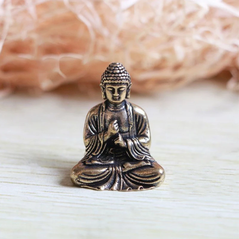 

Small Antique Brass Buddha Statue Figurine Portable Sakyamuni Buddhism Heart Sutra Bells for Journey Worship Gift Home Decor