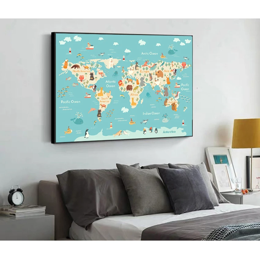Мультяшные животные океан карта мира Детская фотография на холсте детская