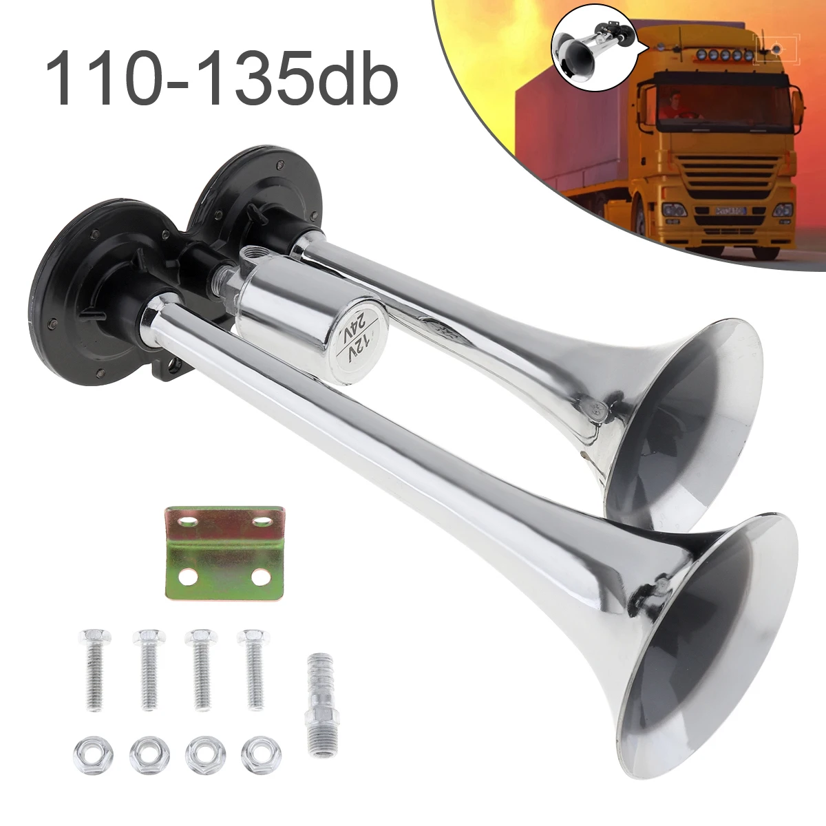 

12V/24V 110-135dB Super Loud Dual Tone Trumpet Auto Car Air Horn Set Car Auto Loudspeaker for Boat Train Car Vehicle Auto