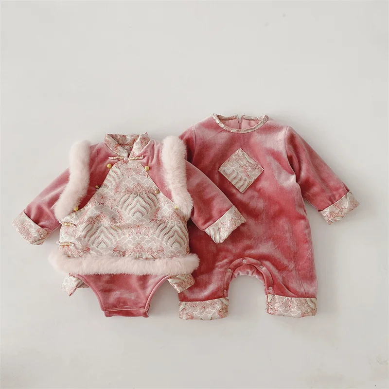 

New Year's Visit Baby Girls Clothes Sets Kids Girl Chineses Style Fuzzy Pink Bodysuits Children Twin Sister Matching Wear Outfit