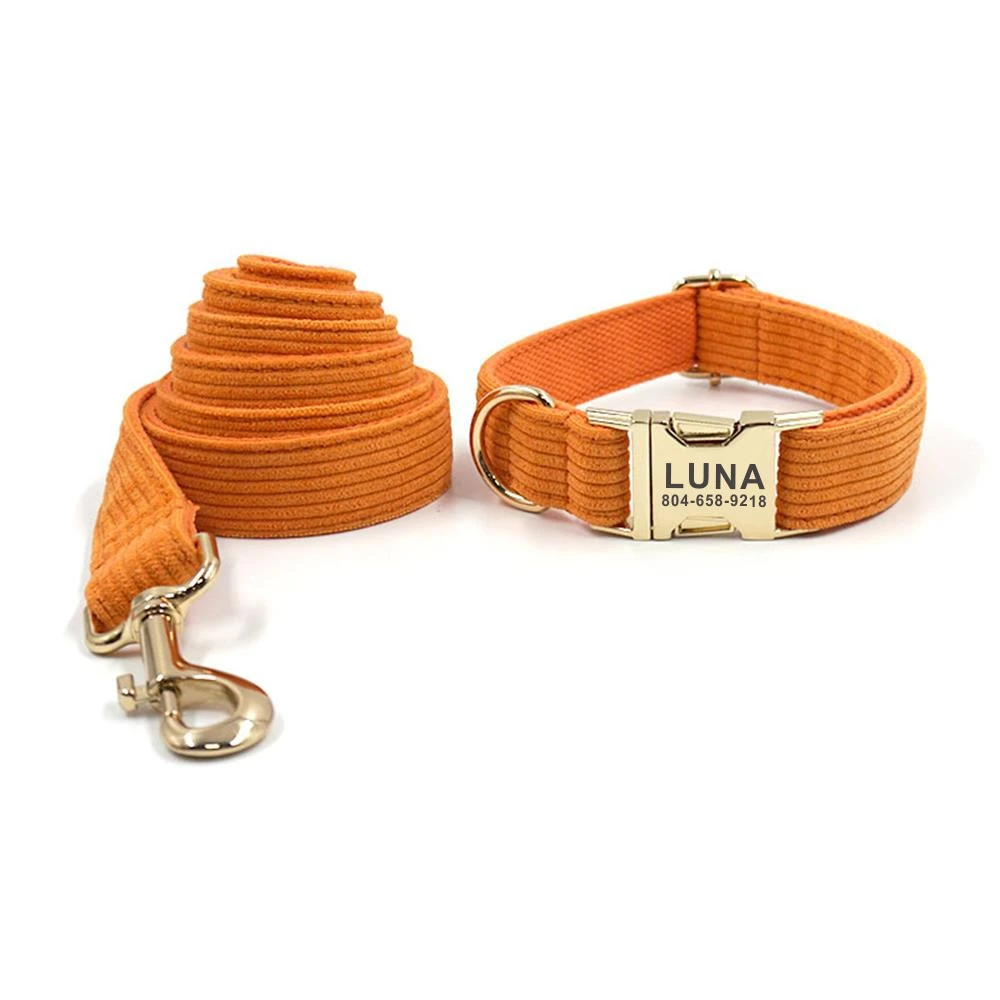 Personalized Dog Collar Custom Pet Collar Free Engraving ID Name Tag Pet Accessory Orange Thick Fiber Puppy Collar Leash