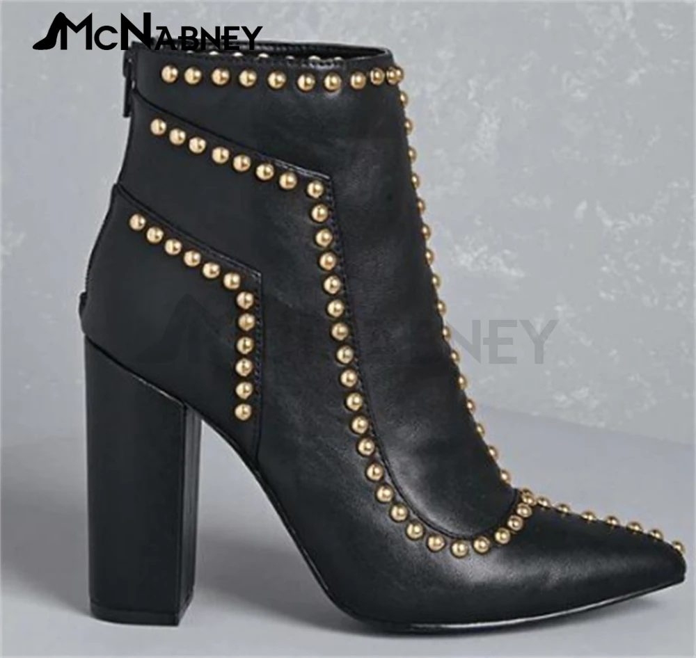 Color Block Denim Ankle Boots Studded Punk Style Modern Boots Pointed Toe Block Heel High Heels Metal Decoration Boots for Women
