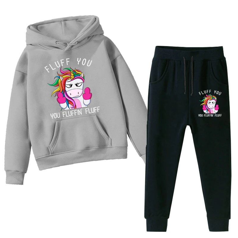 Fluff You Unicorn  Hoodie Children's Clothing Unicorn CartoonHoodie Suitable Boys GirlAnime Sleeve Pullover Sweatshirt Sets