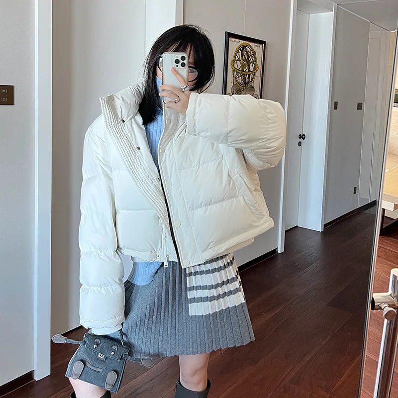 New Short Hooded Down Jacket Women's Winter Stand Collar Thickened Warm White Eiderdown Casual Single Breasted Coat Loose Jacket