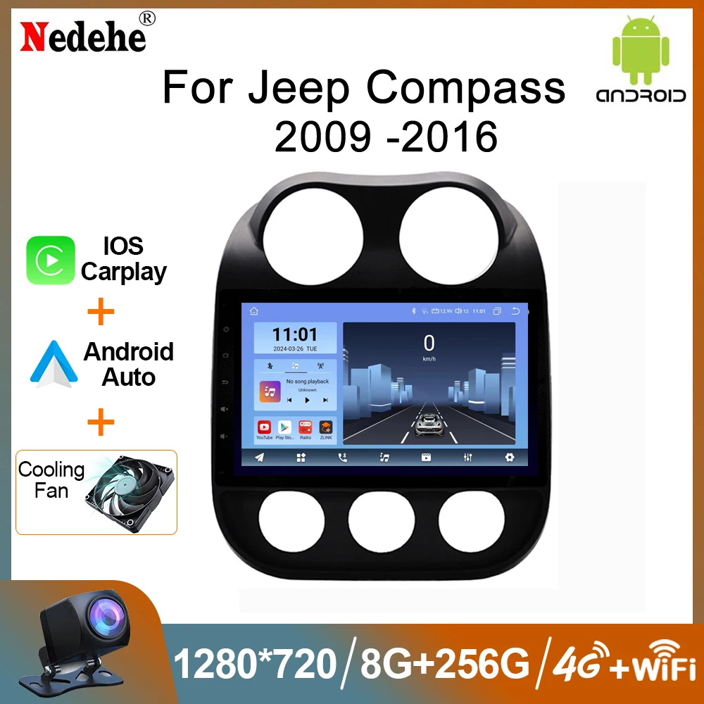 Автомобильный Мультимедийный Плеер 2 DIN Android 13 Для JEEP Compass 2009-2016 GPS-навигация