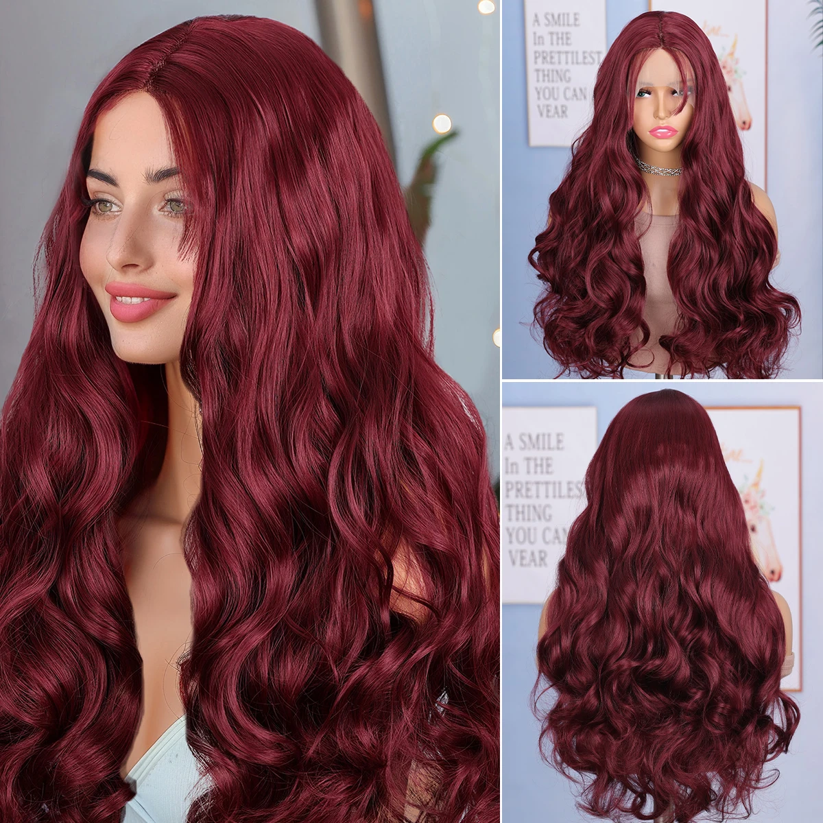 Красновато-бордовый синтетический длинный мягкий объемный волнистый парик