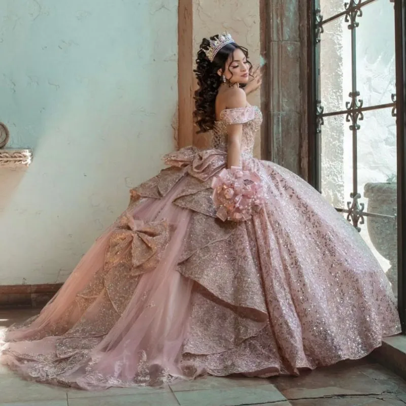 Фото Lorencia розовое бальное платье Quinceanera платье 2023 с аппликацией цветы Бант с открытыми плечами Милые 15 16 лет Vestidos De XV Anos YQD287 №1