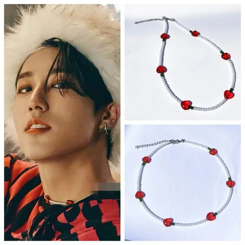 

2023 Korean Wave Stray Kids Han Red Love Rice Beads Necklace INS Fashion Fashion Men's and Women's Jewelry Fans Lovers Gift
