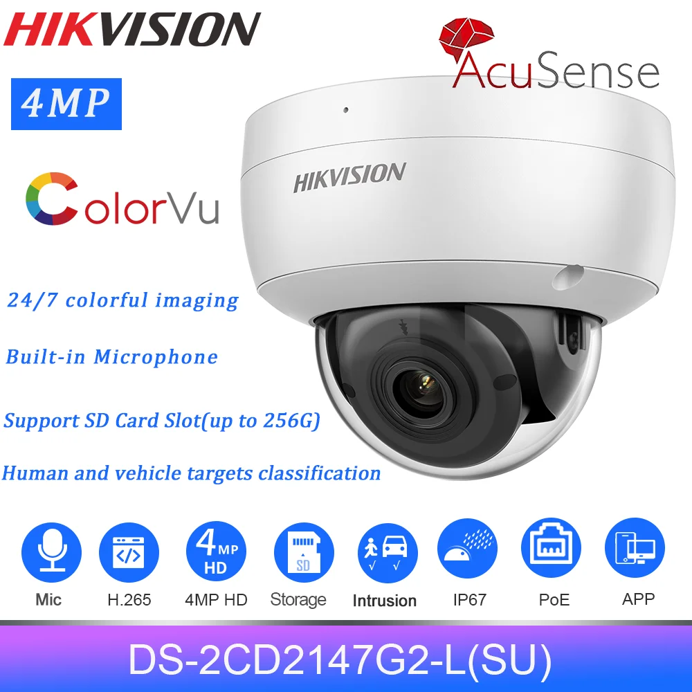 

Hikvision, 4 МП, цветная IP-камера, DS-2CD2147G2-LSU H.265 + POE Acusense, встроенный микрофон, слот для SD-карты, домашняя камера видеонаблюдения