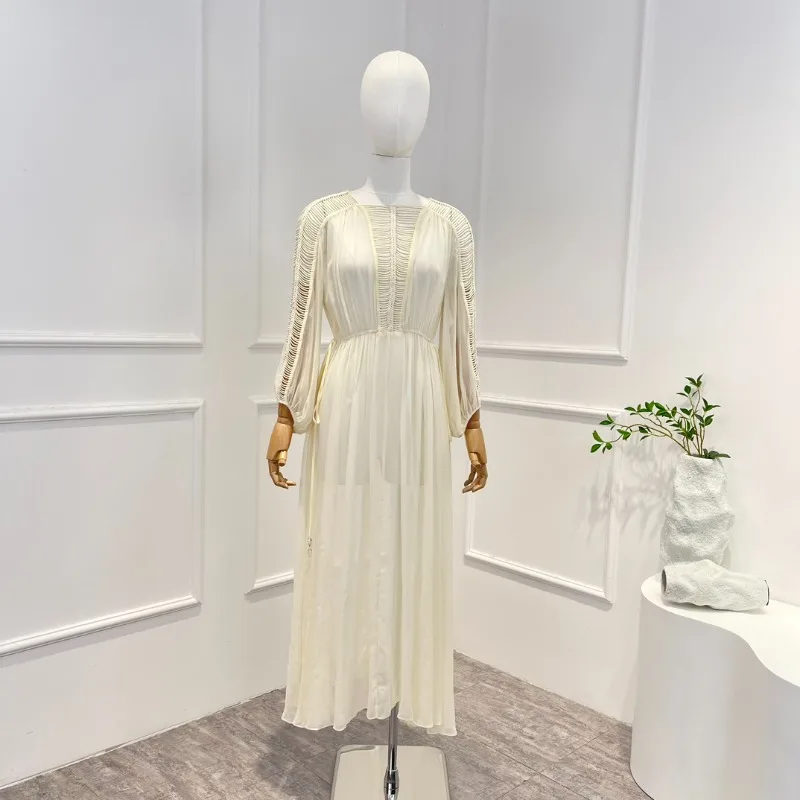

Женское винтажное шелковое платье миди, белое ажурное платье-трапеция в пляжном стиле с квадратным вырезом и длинными рукавами, весна-лето 2023