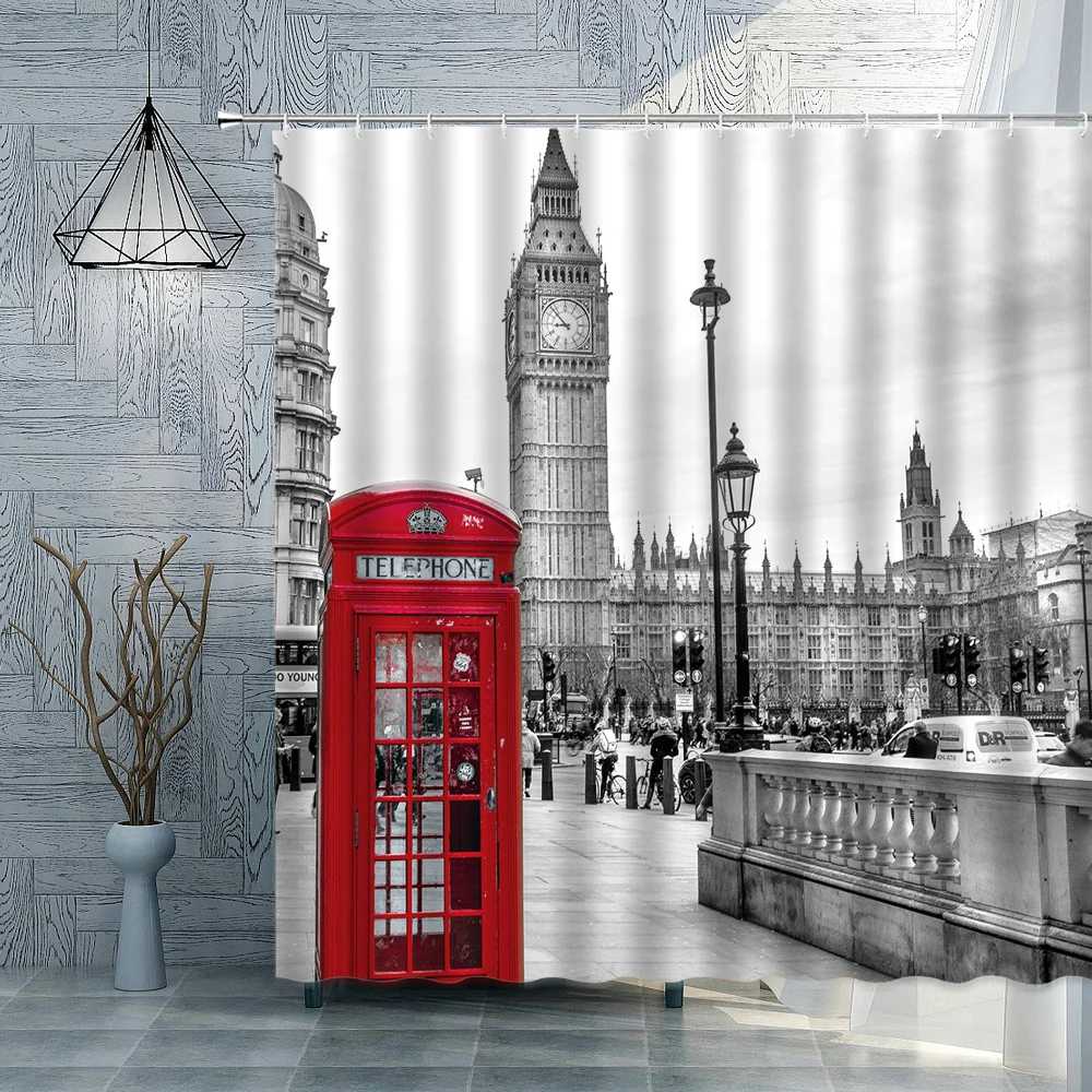 

Лондонская красная телефонная будка Биг-Бен, ретро занавеска для душа в ванную комнату, водонепроницаемая Полиэстеровая ткань, украшение для дома, художественные занавески для ванной