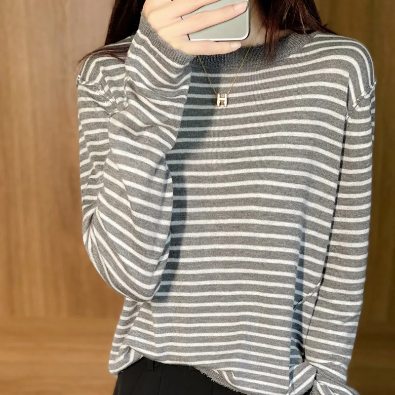 

Свитер женский ультра-тонкий микро-прозрачный полосатый свитер с круглым вырезом для весны и осени одежда свободный трикотажный низ