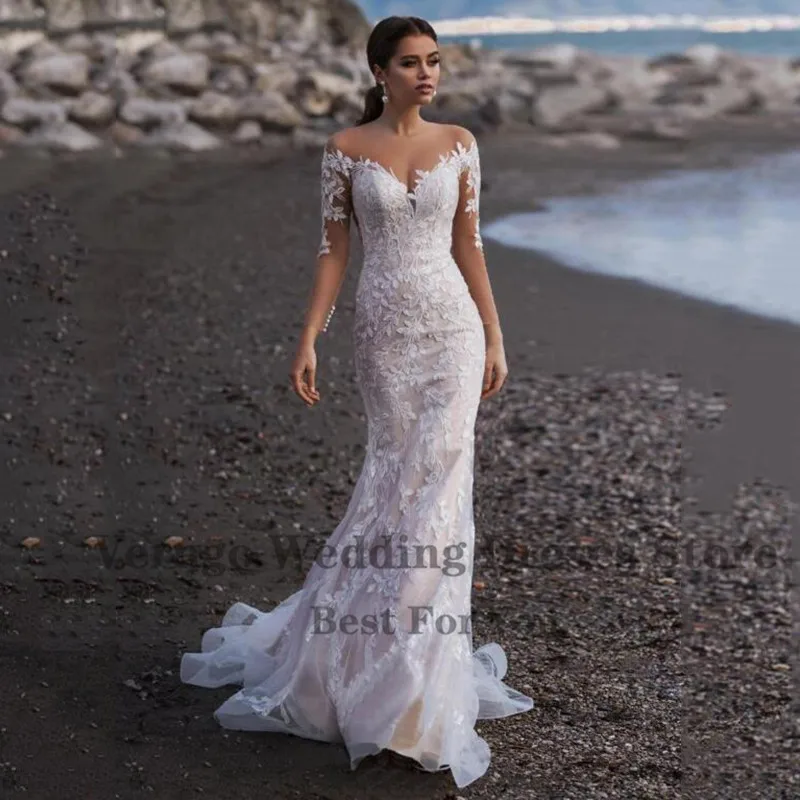 

Verngo Elegant Lace Floral Wedding Dress 2023 Mermaid Long Sleeve Tulle Sheer Neck Bride Gowns With Nude Lining Buttons Back