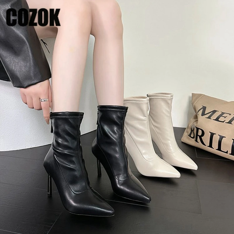 

Women Boots Gladiator Pointed Toe PU Leather Thin High Heels Winter Vintage Fashion Zip Modern Ankle Boots Ladies Platform Shoes