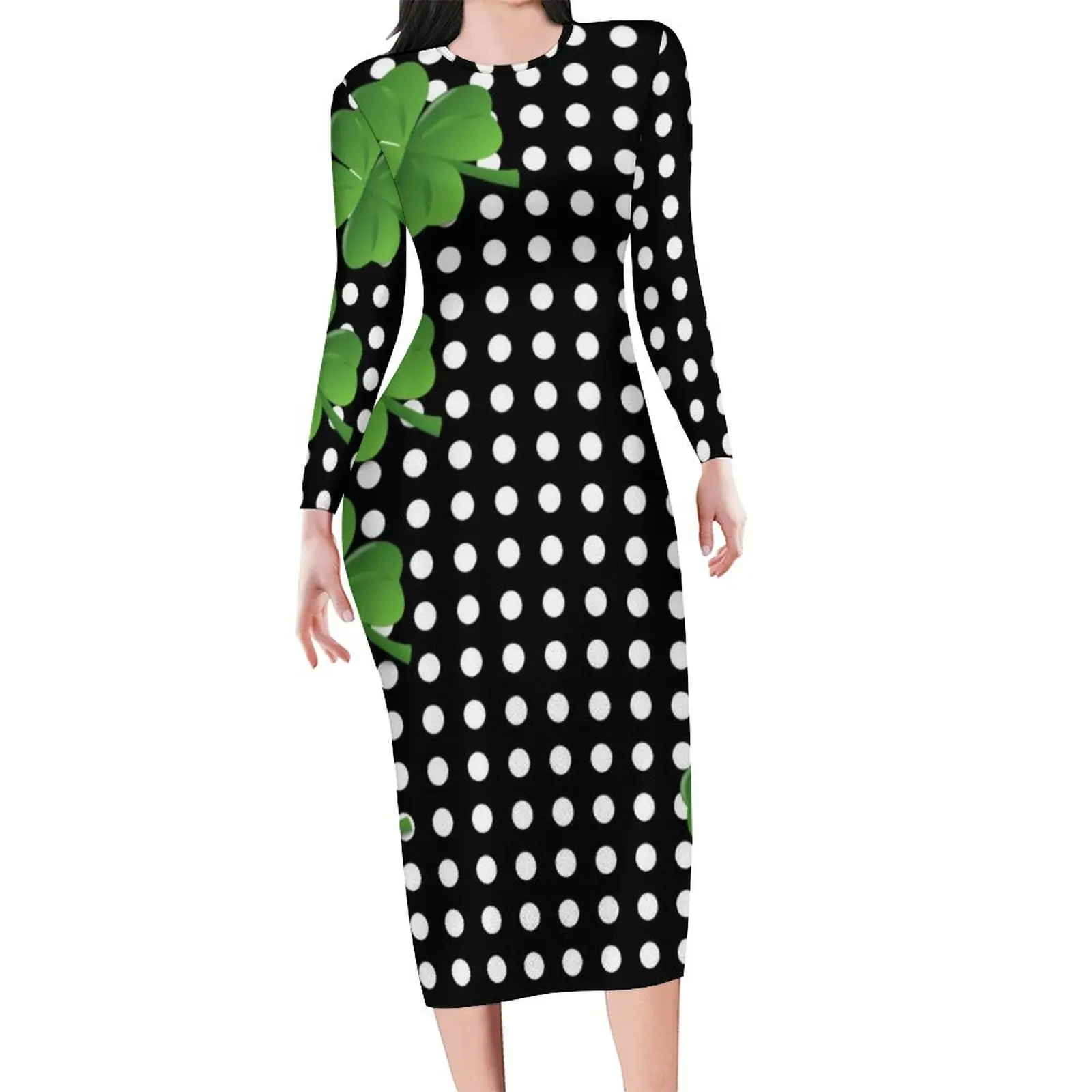 

Black White Polka Dot Bodycon Dress Women St Patricks Day Irish Shamrocks Kawaii Dresses Spring Long Sleeve Street Fashion Dress