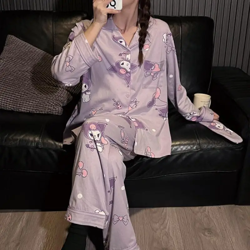 

Кавайная Хлопковая пижама Sanrio Kuromi, милые зимние штаны с длинным рукавом, Хлопковая женская домашняя одежда для девочек, Рождественский пода...