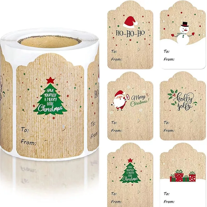 300pcs 5x7.5cm Merry Christmas Gift Packaged Sticker Kraft Paper Handwritten Name Xmas Tree Snowman Envelope Seal Label Stickers
