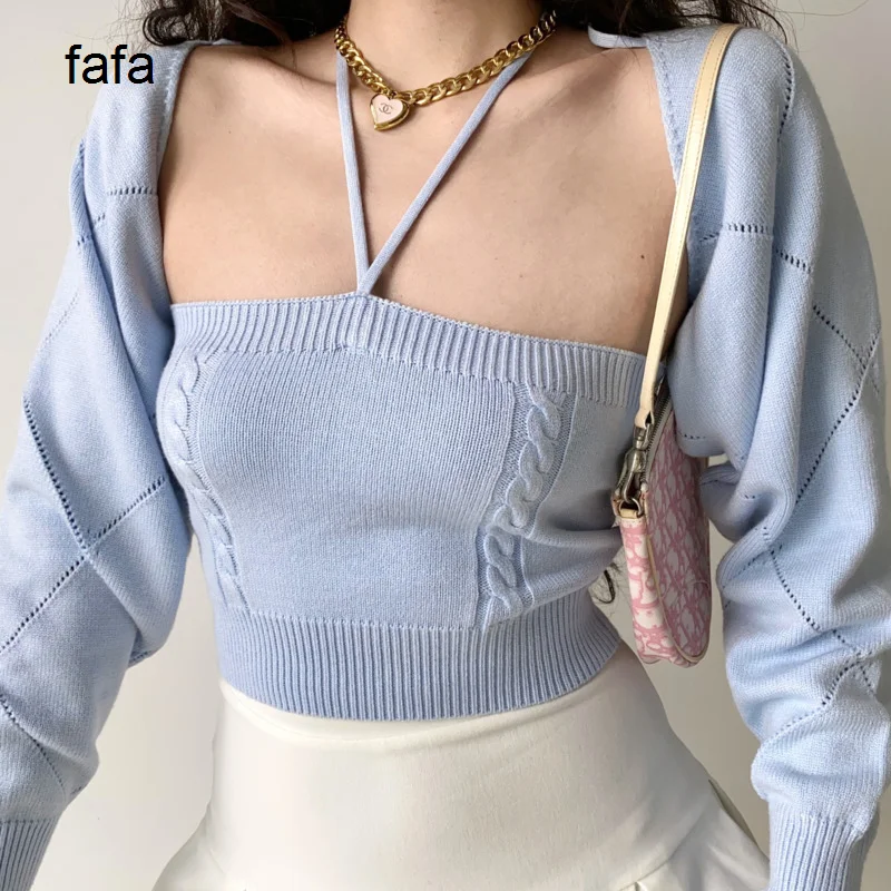 

Женский топ, вязаный короткий кардиган на бретелях, комплект из двух предметов, топ для девочек