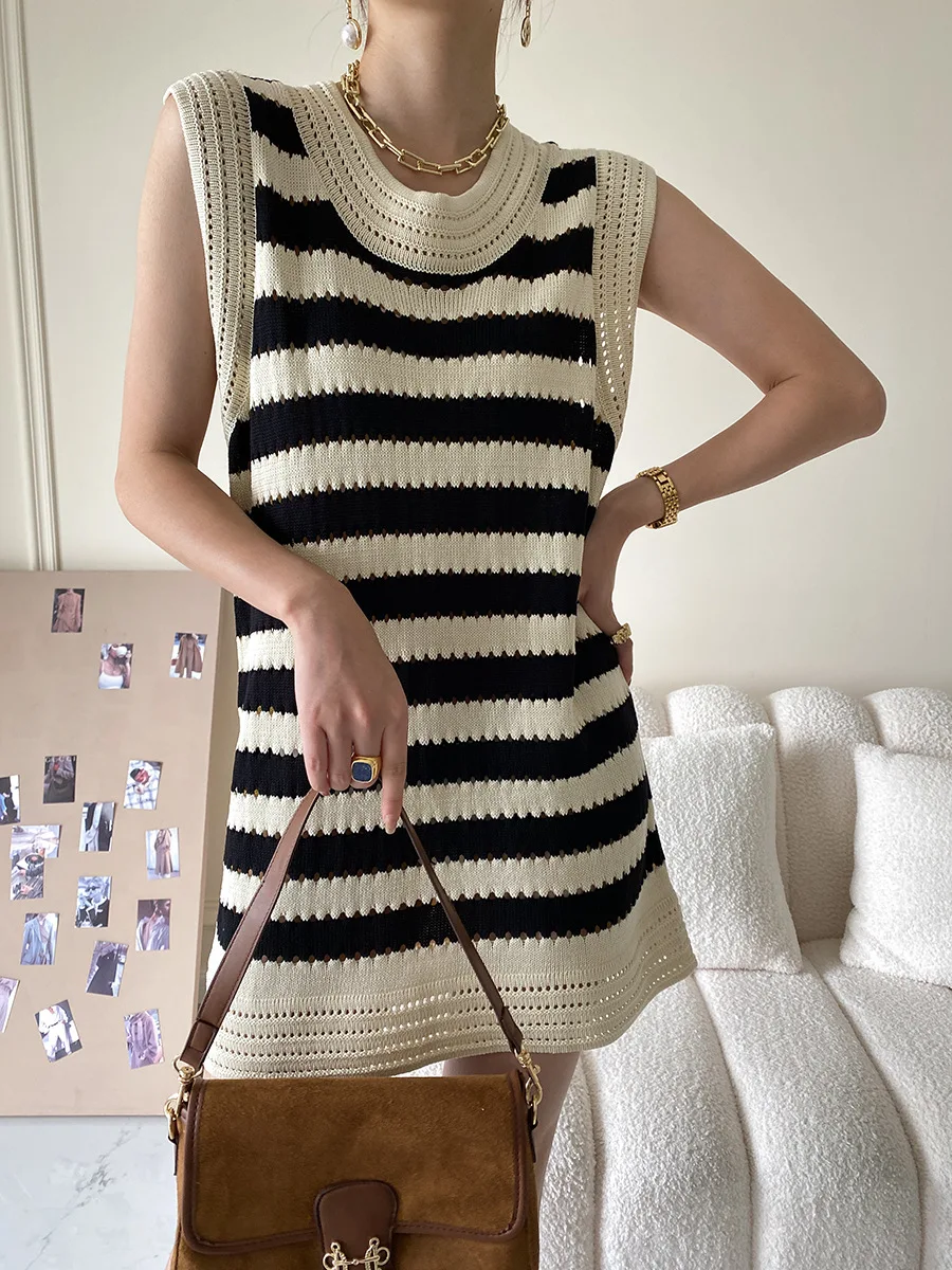 

Полосатое трикотажное платье, женское летнее свободное Повседневное платье без рукавов с круглым вырезом, женское корейское модное мини-платье на бретелях с вырезами