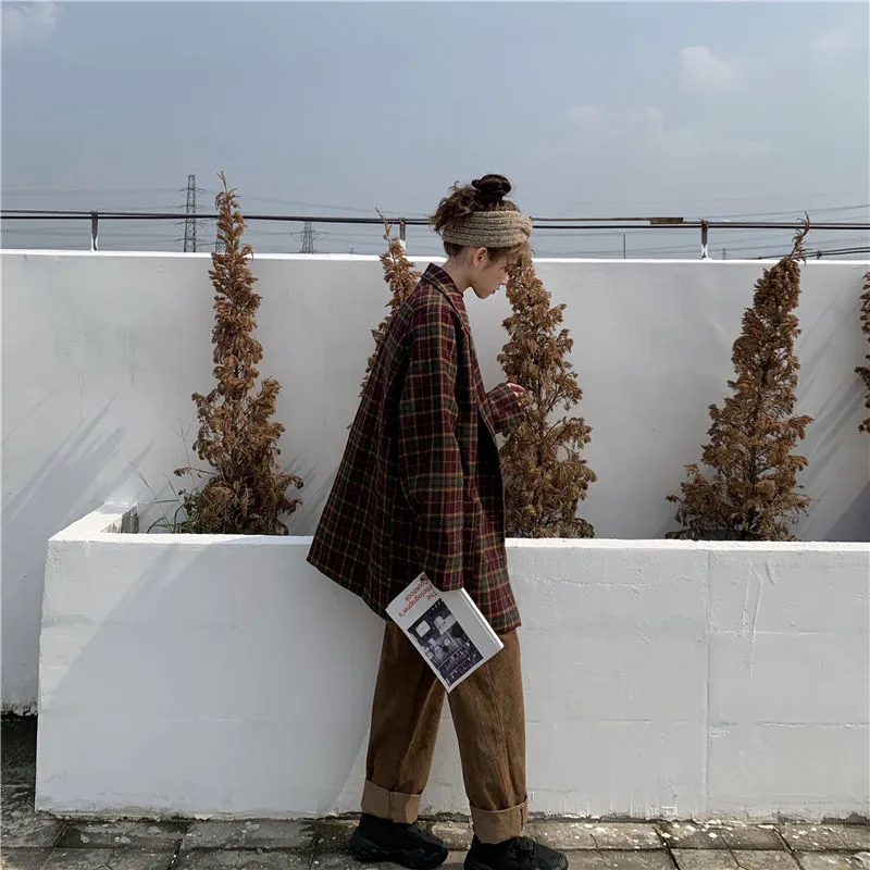 2021 Autumn and Winter Korean Retro Plaid Thick Woolen Suit Jacket Women's Mid-length Casual Loose Long-sleeved Women's Clothing
