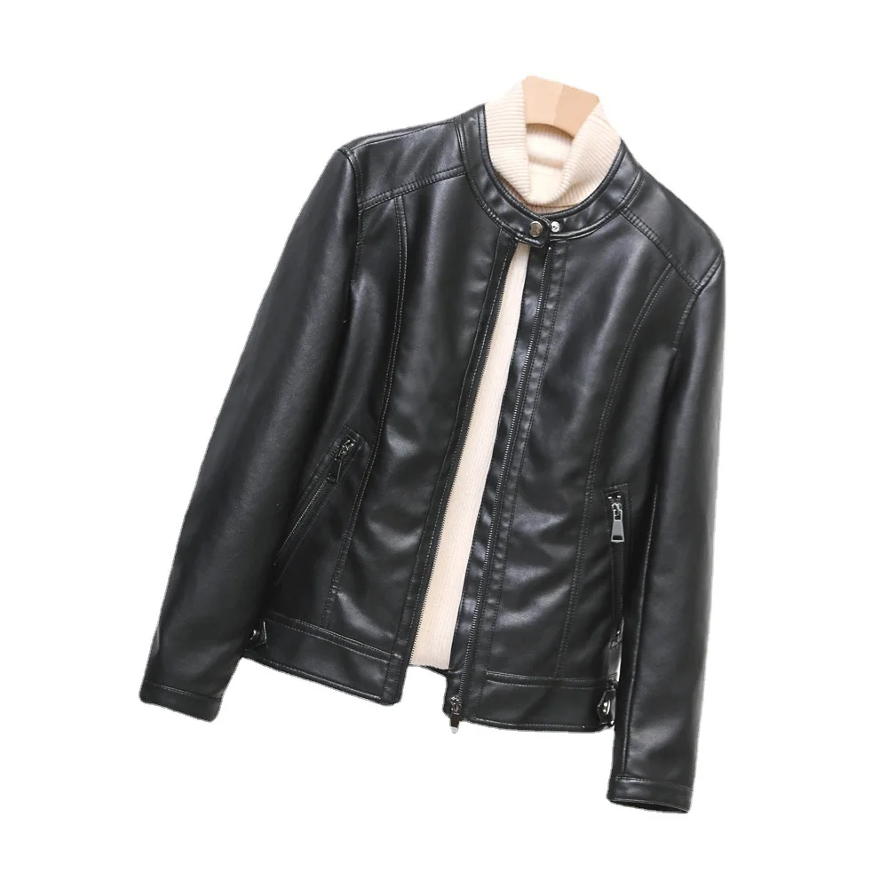 2023 autumn new women's small stand collar leather motorcycle simple leather jacket casual coat