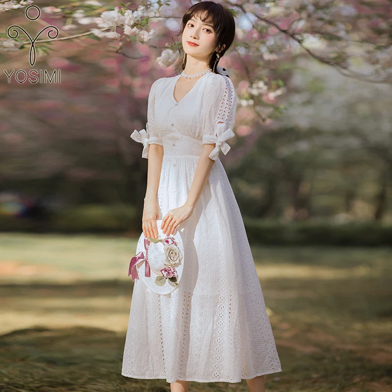 

YOSIMI White Jacquard Cotton Women Dress 2022 Summer Mid-calf Sweet Dress Fit And Flare V-veck Short Sleeve Vestido Feminino