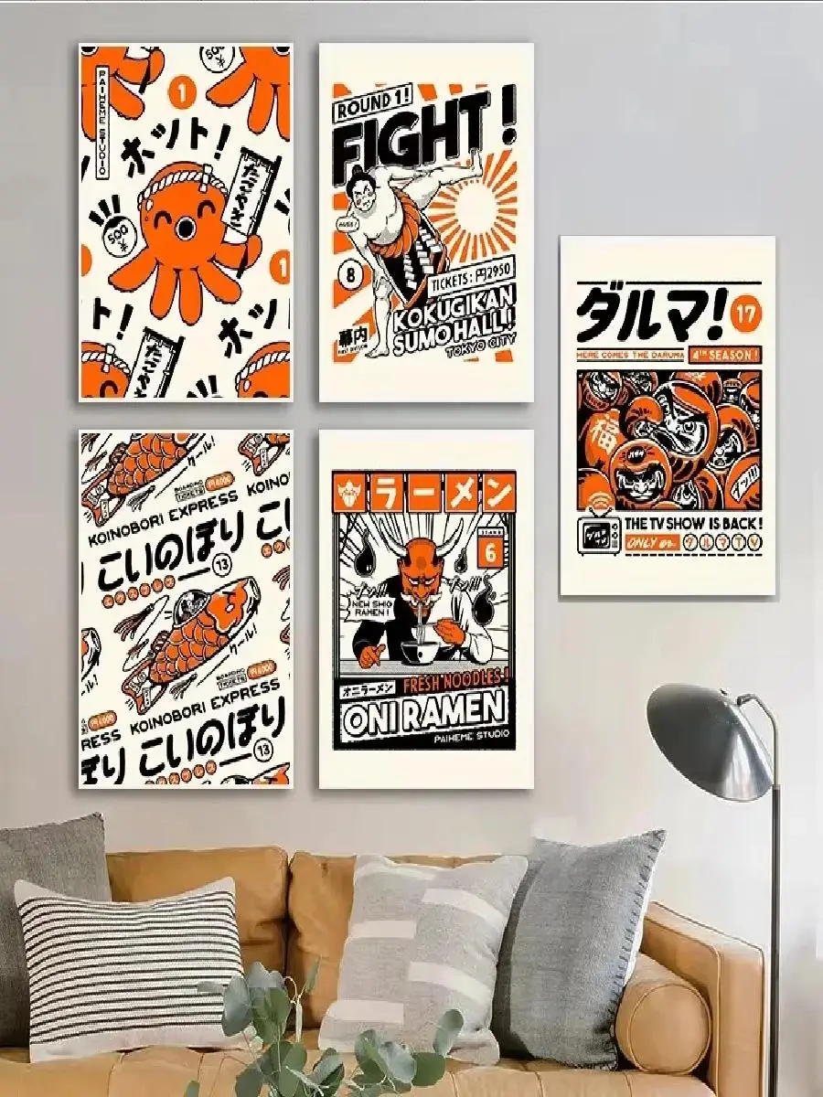 Такояки Они Рамен Японская Еда Забавный Оранжевый Холст С Принтом Настенное