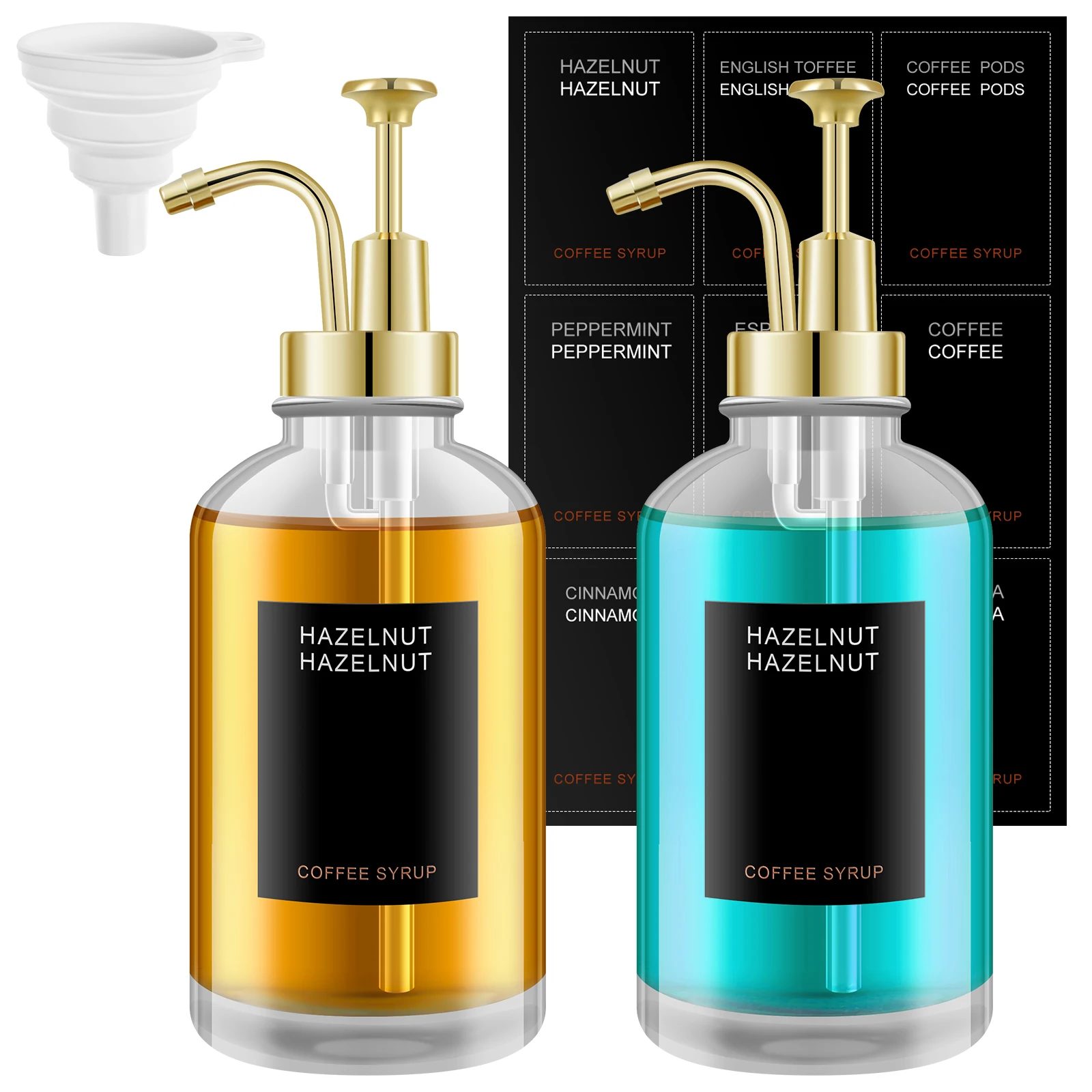 

2 Pcs Coffee Syrup Dispenser Set with Labels Funnel 500ml Reusable Glass Bottle Dispenser Clear Coffee Syrup Bottle BPA-free