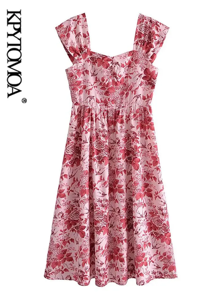 

KPYTOMOA Women Fashion Floral Print Fitted Midi Dress VIntage Backless Zipper Wide Straps Female Dresses Vestidos Mujer