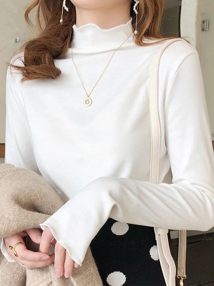 Женская футболка с высоким воротником и длинными рукавами базовые топы теплые