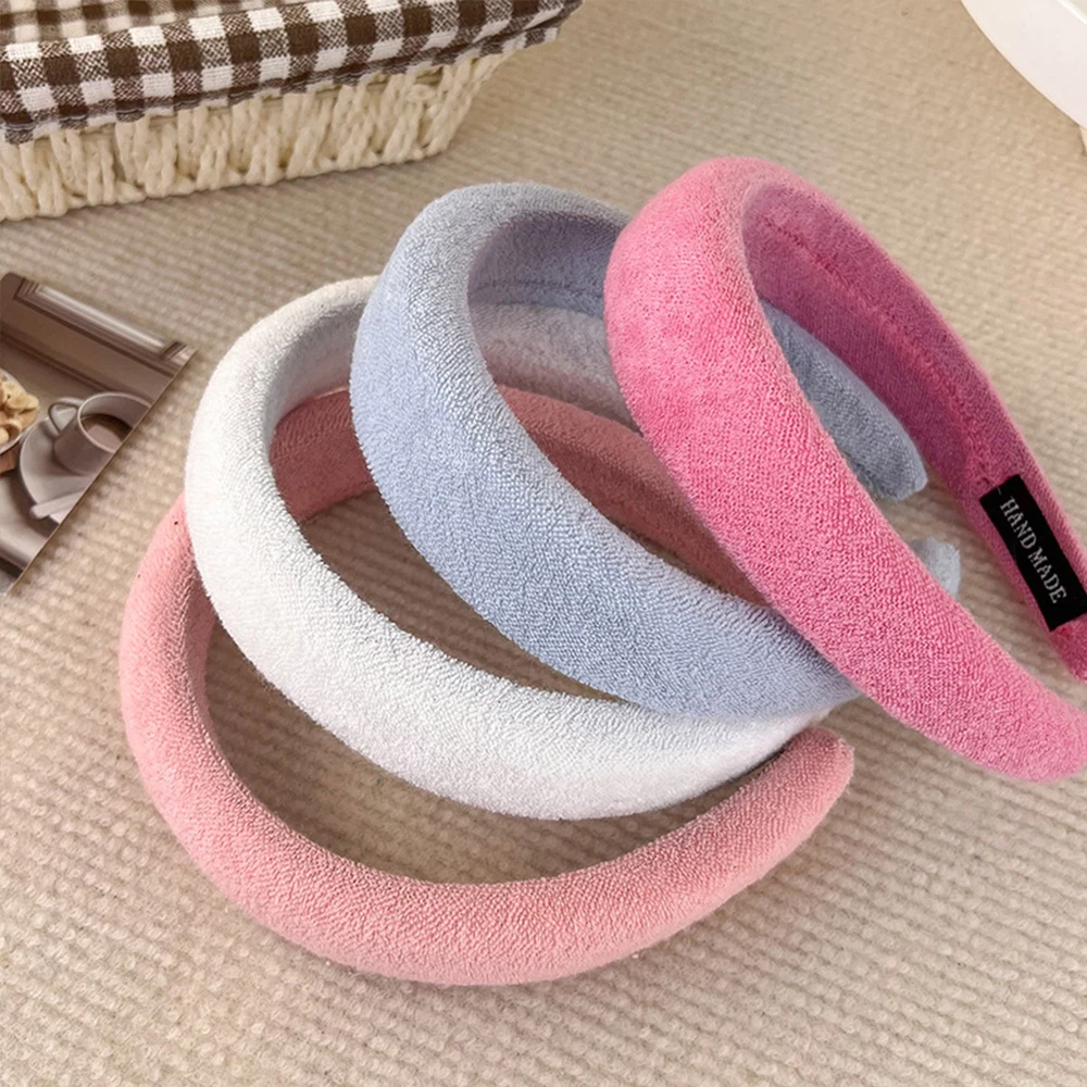 

Autumn Winter Headwear Towel Fabric Plush Headbands Fluffy Padded Hairbands Candy Color Thick Sponge Hair Hoop Wide Brimmed