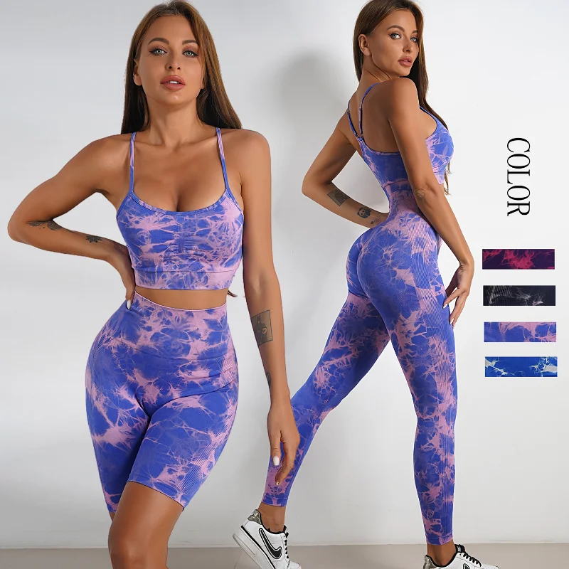 Fitness Sports Set Tie Dye Leggings Women Back Bra Training Gathering Yoga Suite Back Tank Top Fitness Bra Tracksuit Women