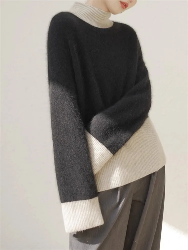 Пуловеры контрастных цветов женская одежда повседневный джемпер с полувысоким
