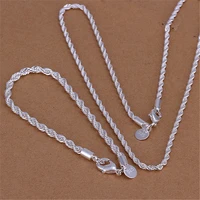 hot fashion 925 stamp silver color classic 4mm twisted rope chain bracelets necklace jewelry sets for men women wedding party