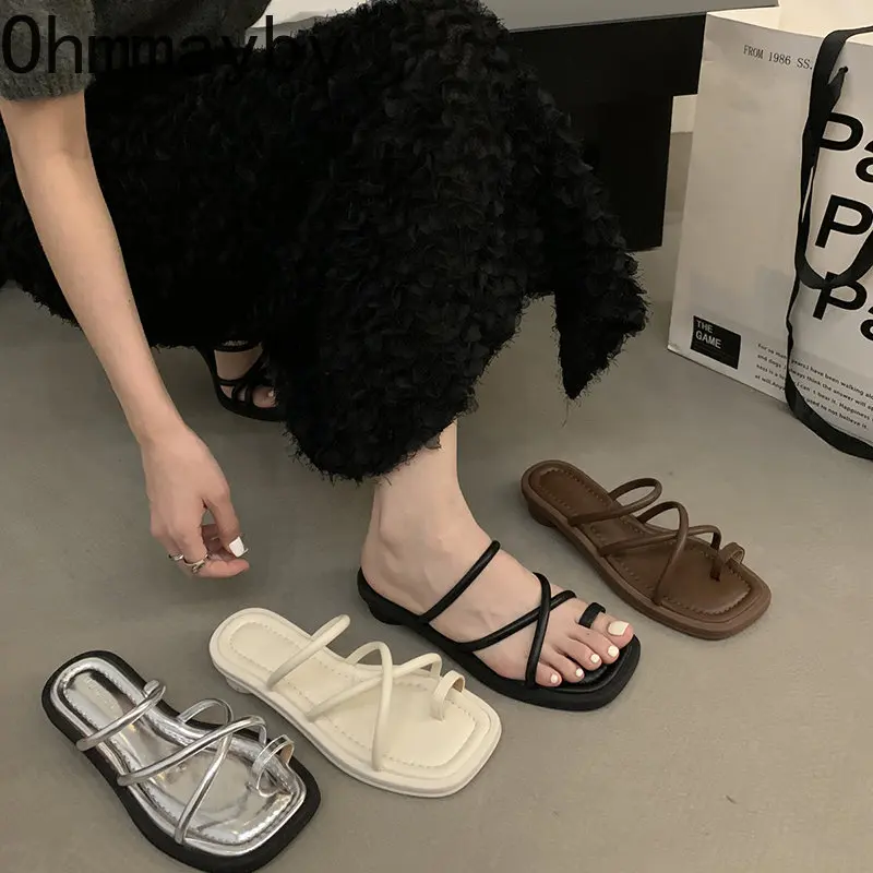 

2023 Summer Women Slides Fashion Narrow Band Ladies Casual Slipper Low Heel Outdoor Beach Vacation Sandal Flip Flop Shoes