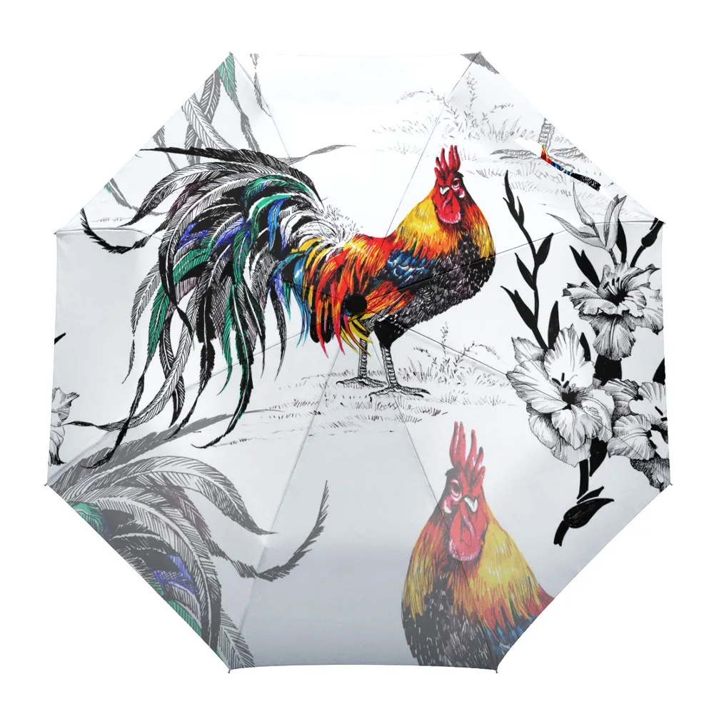 

Rooster Watercolor Fully-automatic Umbrella for Outdoor Kids Adults Printed Umbrella Foldable Eight Strand Umbrella