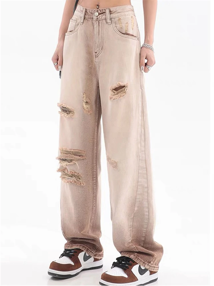

Ripped Vintage Woman Distressed Jeans Streetwear Hole Hip Hop High Waist Pants Fashion Straight All-Match Denim Trousers Ladies