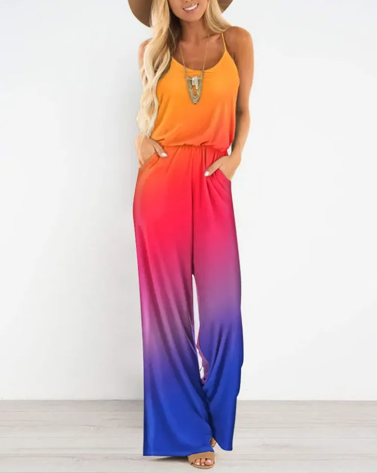 

2022 Summer Woman Casual Chic Ombre Scoop Neck Spaghetti Strap Pocket Design Long Jumpsuit