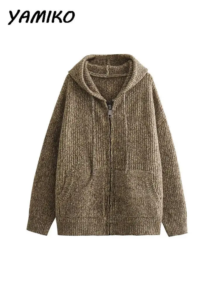 

Женский однотонный вязаный свитер с капюшоном, свободный свитер с длинными рукавами на молнии и передними накладными карманами, пальто, винтажная уличная одежда, трикотажная одежда