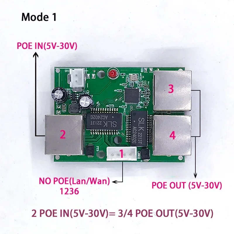 Обратный источник питания POE-переключатель POE IN/OUT5V/12V/24V 75W/2=38 5W 100mbps 802.3AT 45+78-DC5V~30V