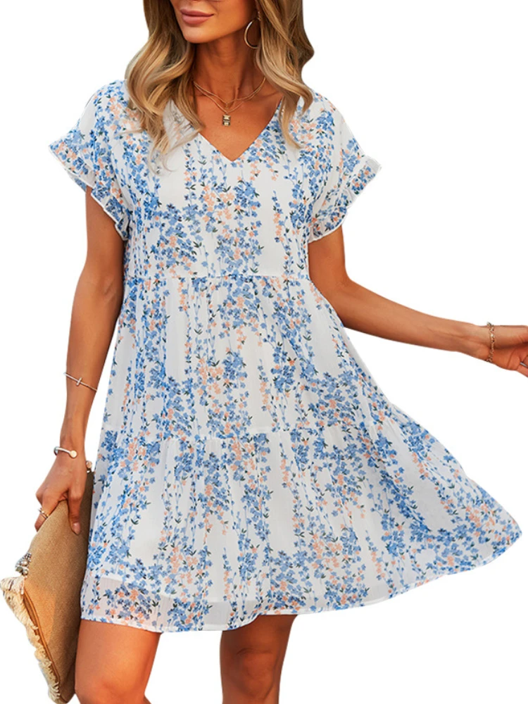 

Women Short Sleeve V Neck Printed Chiffon Medium Dress