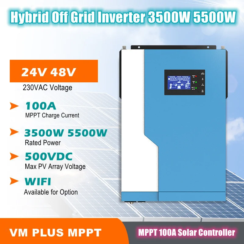 

Hybrid Off Grid Inverter 3500W 5500W Pure Sine Wave 24V 48V MPPT 100A Solar Controller Max 500VDC PV Input With WIFI