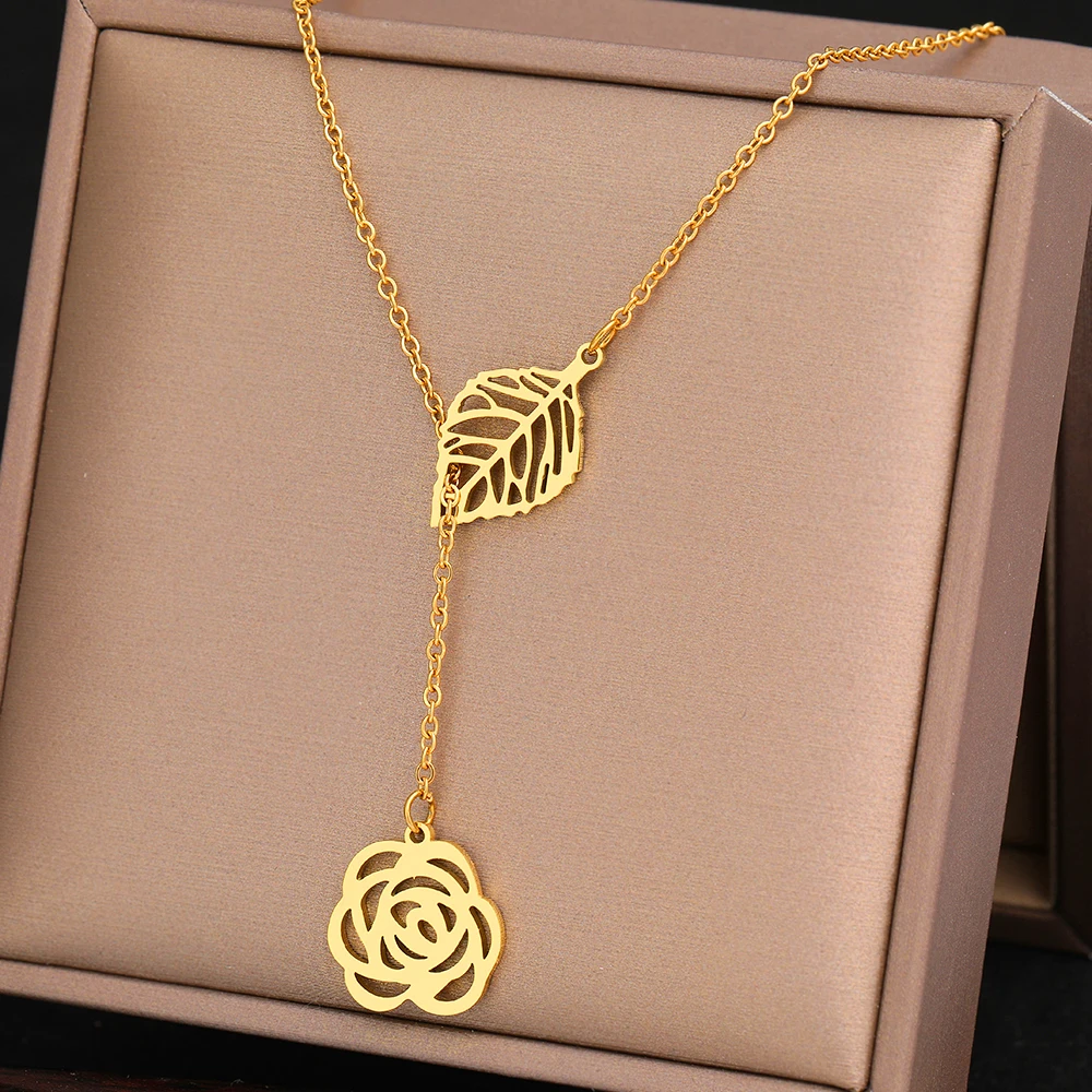 Stainless Steel Necklaces Vintage Delicate Temperament Leaves Rose Flower Pendant Charm Chains Choker Necklace For Women Jewelry |