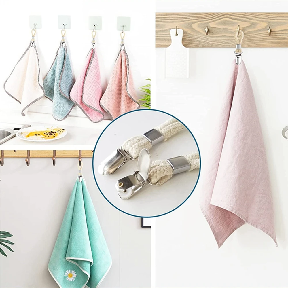 

Cloth Hook Clip Hangers for Home Kitchen Bathroom Cupboards 4 Pack Hanging Tea Towel Clips Braided Cotton Loop Cloth Hanger