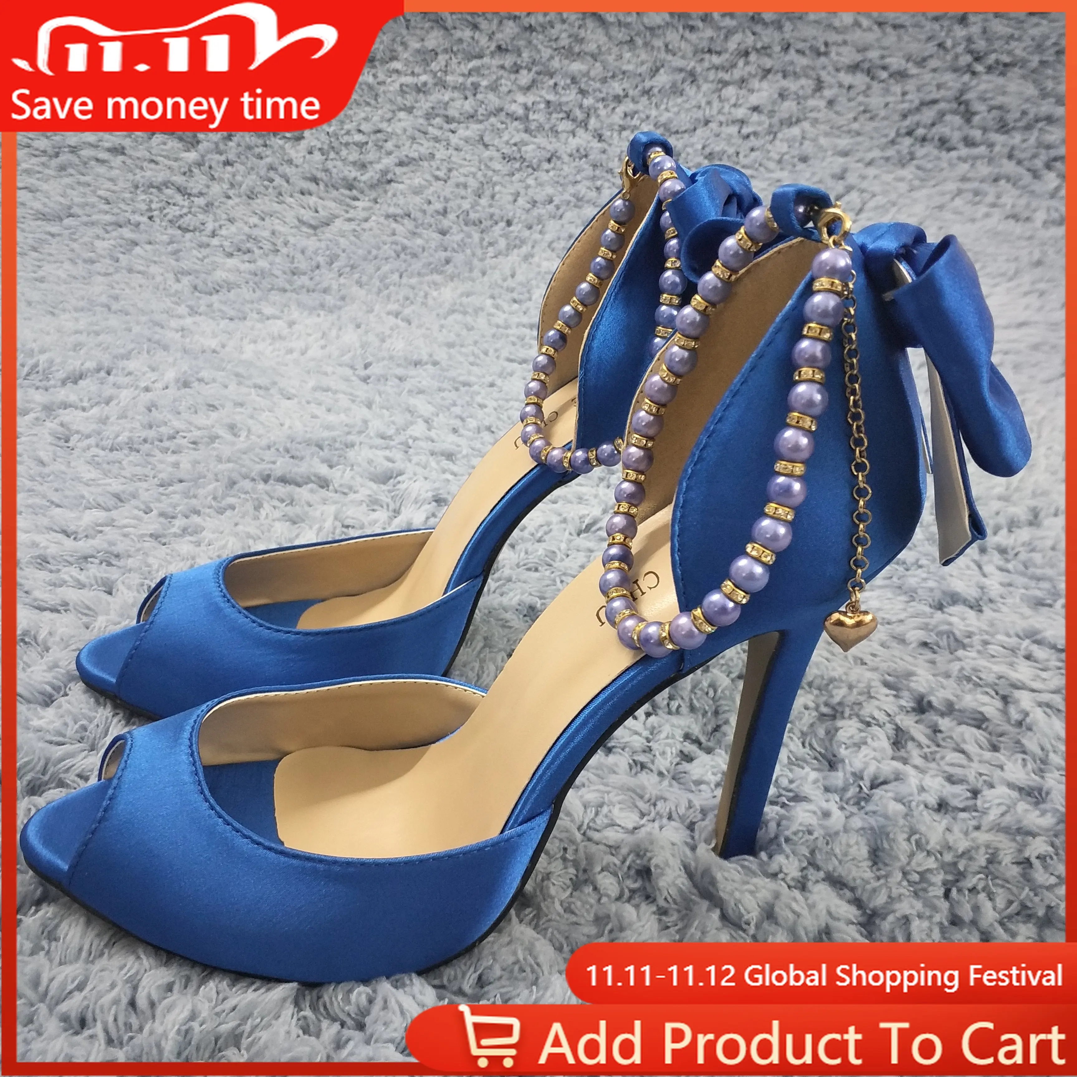 

Women Stiletto High Heel Sandals Sexy Peep Toe Ankle Strap Pearl Chain Bowing Blue Satin Wedding Bridals Lady Shoes 0640C-k8