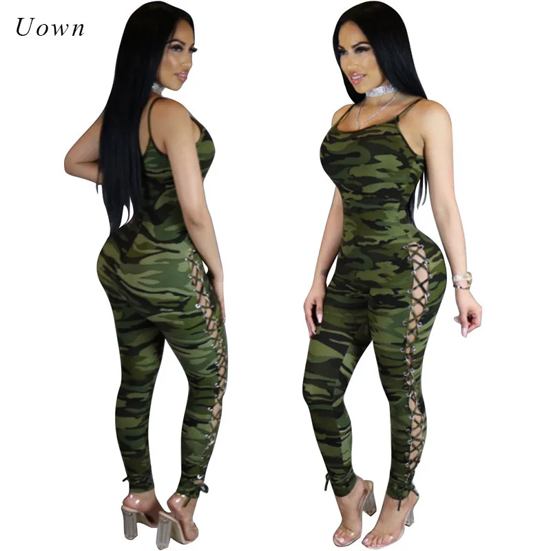 

Women Camouflage Print Side Eyelet Lace up Sexy Jumpsuits Hollow out Strap Long Pants Romper Bodycon Club Party Jumpsuit Overall